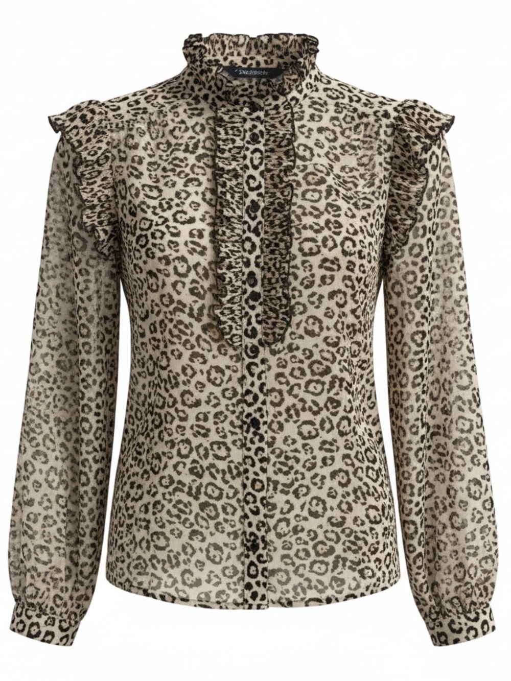 Zara Beige and Black Leopard Ruffle-Trim Sheer Blouse